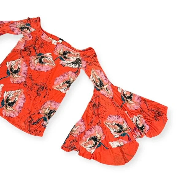 FREE PEOPLE WE THE FREE ORANGE FLORAL OFF THE SHOULDER BELL SLEEVE FITTED TOP - Picture 11 of 15